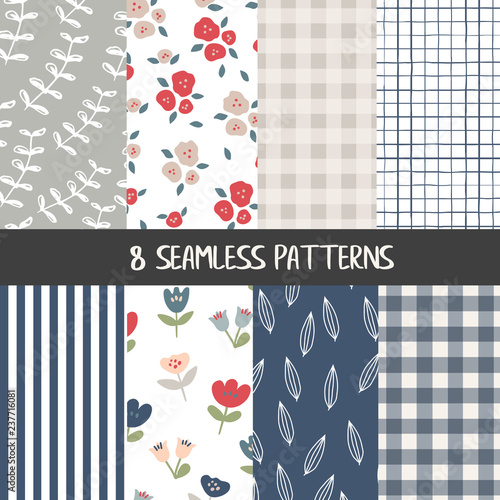 Set of natural farmhouse style seamless patterns for kitchenware and homeware, fabric and stationery design and decoration