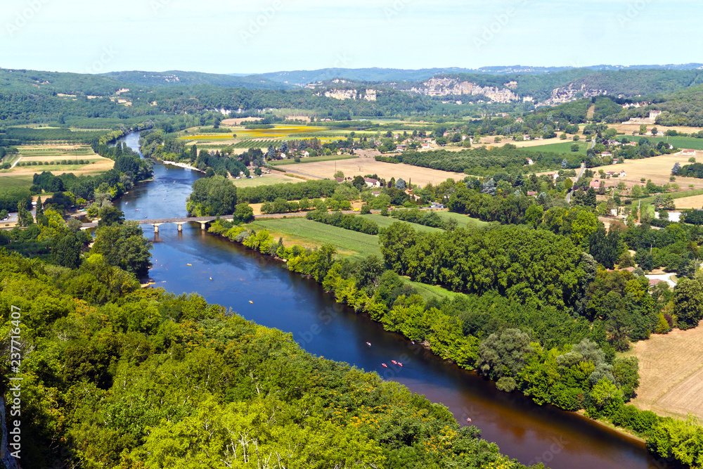 Aerial view of the Dordogne River through Domme, Nouvelle Aquitaine, France