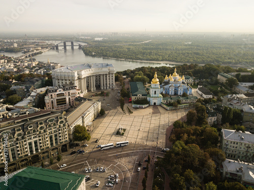 Aerial view to Saint Michael Golden Domed Cathedral in the center of Kyiv, Ukraine