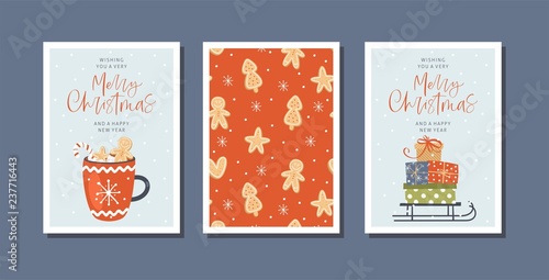 Set of Christmas and Happy New Year greeting cards with hand drawn decorative elements. Trendy vintage style.