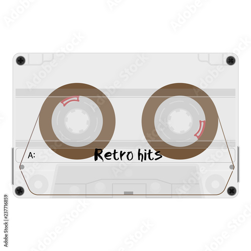 Cassette with retro label as vintage object for retro hits revival mix tape design