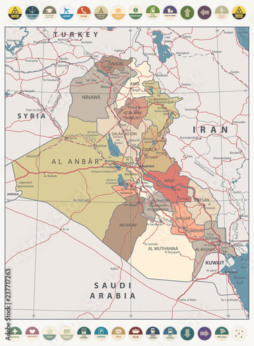 Iraq Map Vintage Color Map and round flat icons