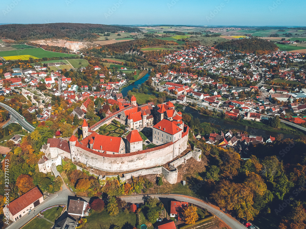Aerial autumn panoramic view of Harburg castle and town, Bavaria, Germany