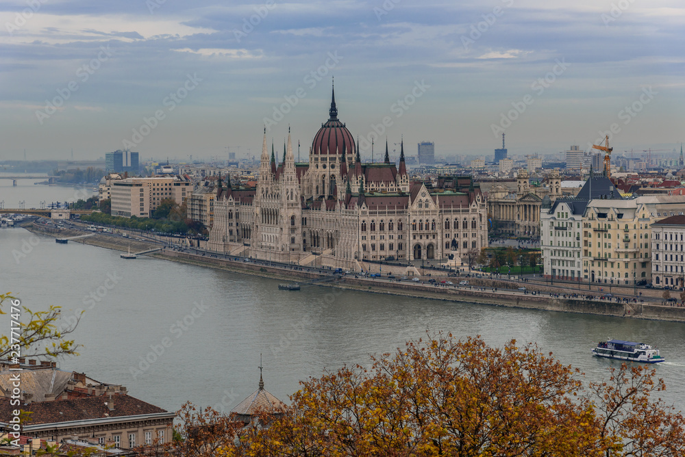 Budapest Parliament building, overlooking the river Danube, on a autumn day 