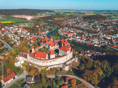 Obraz na płótnie Aerial autumn panoramic view of Harburg castle and town, Bavaria, Germany w salonie