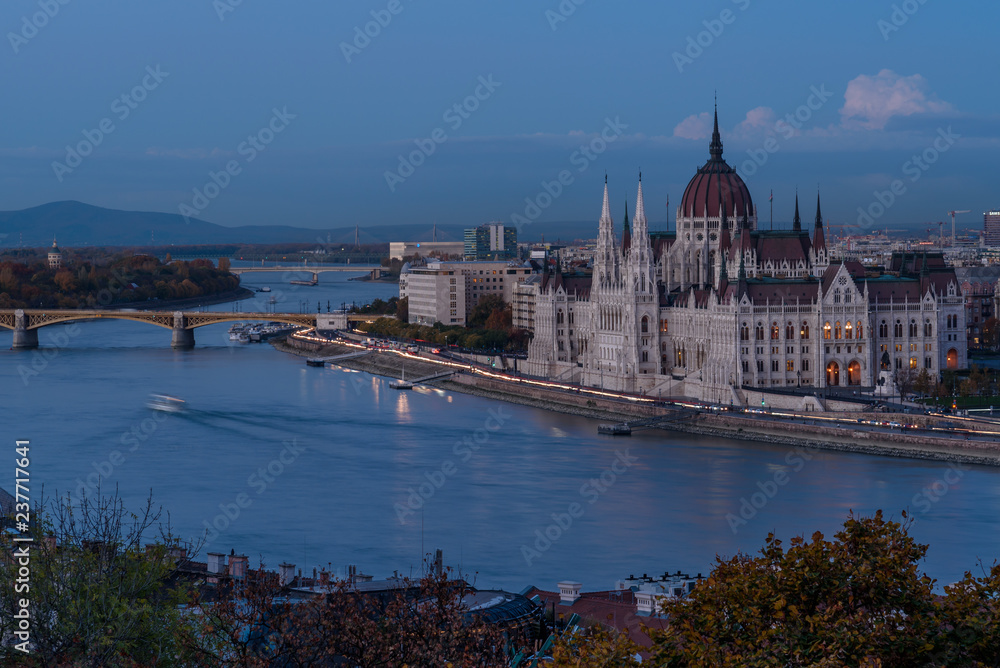 Budapest Parliament building, in the early evening, overlooking the river Danube.
