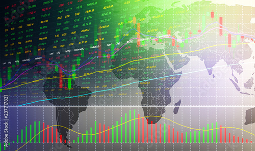 stock market or forex trading graph and candlestick chart on world map