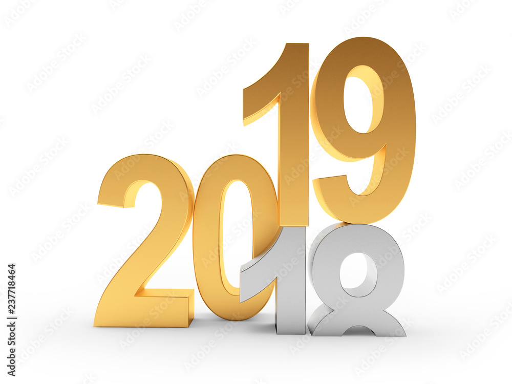 2019 New Year concept. The silver number 18 changes to golden number 19. 3D illustration 2019 New Year concept. The silver number 18 changes to golden number 19. 3D illustration