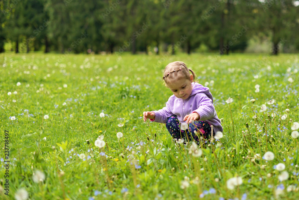 Little girl resting on a green meadow among meadow flowers in the warm spring Little girl resting on a green meadow among meadow flowers in the warm spring
