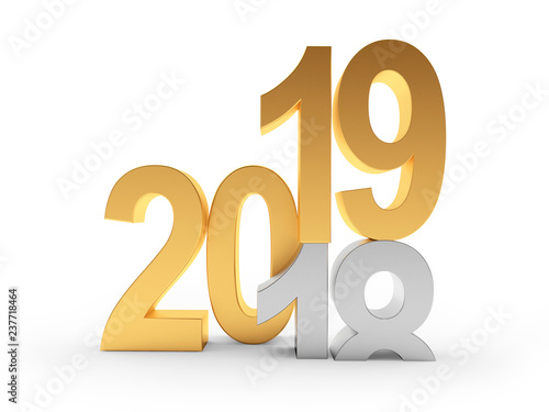 2019 New Year concept. The silver number 18 changes to golden number 19. 3D illustration photo