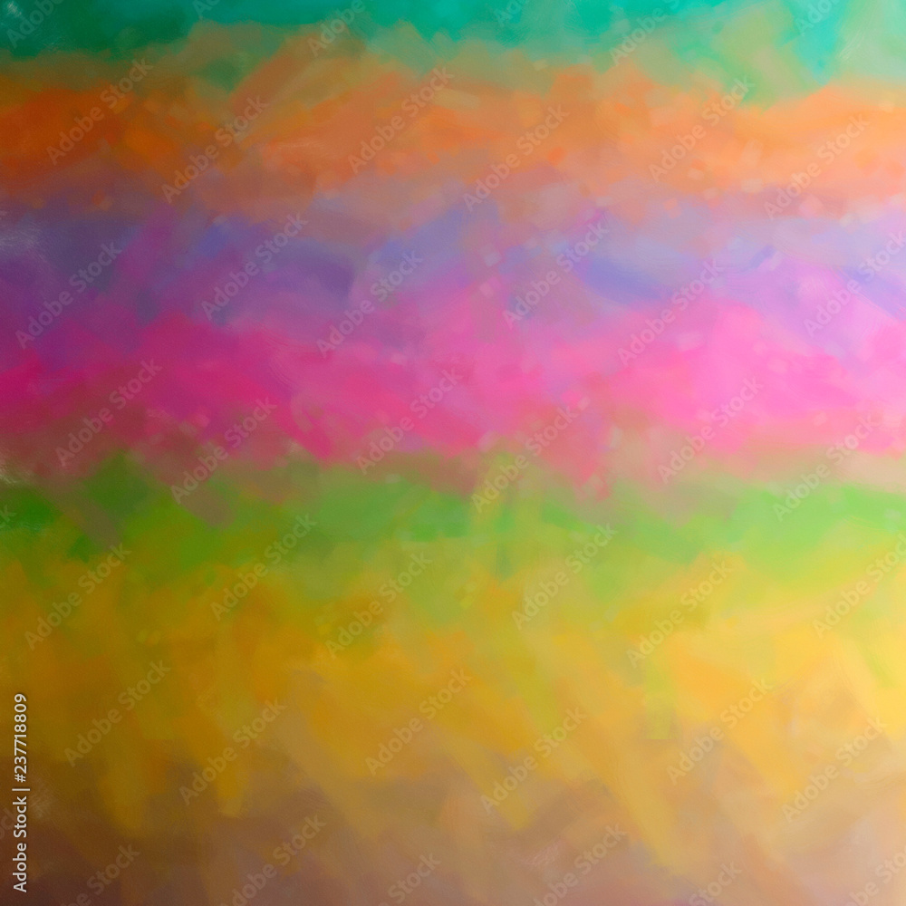 Illustration of brown, green, magenta, blue and orange dry brush oil paint square background.