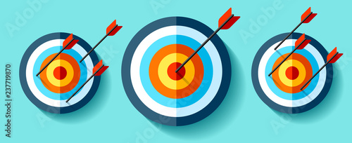 Volume Target icons set in flat style on color background. Arrow in the center aim. Vector design element for you business projects