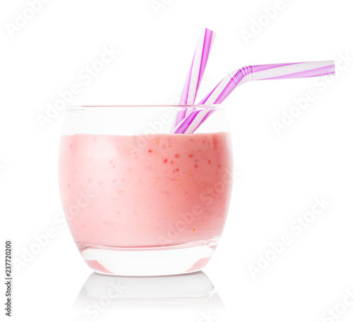 Glass of berry smoothie or yogurt with straws