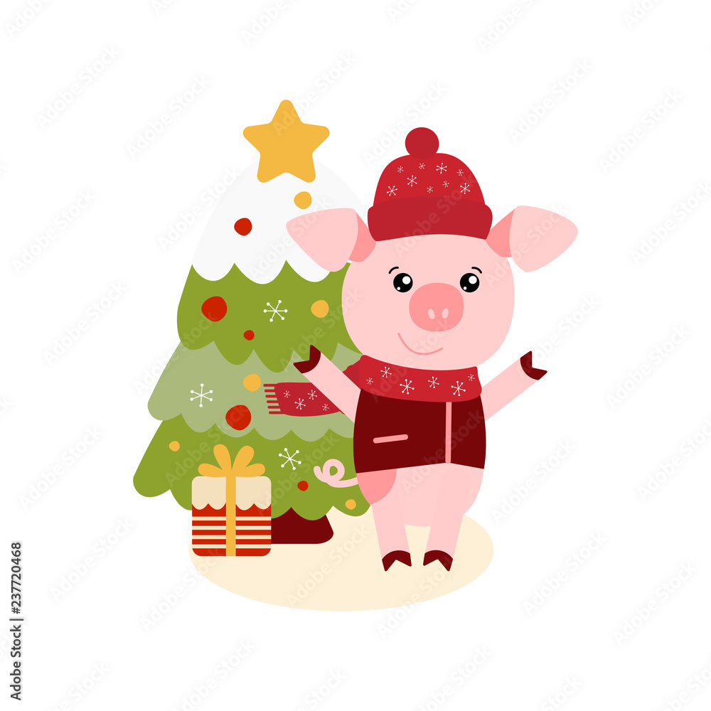 Naklejka premium Vector illustration of Pig with gift box and Happy New Year text. Zodiac symbol of 2019 year. Cute cartoon pig useful for invitations, scrapbook, Christmas card, poster, sticker, clip art
