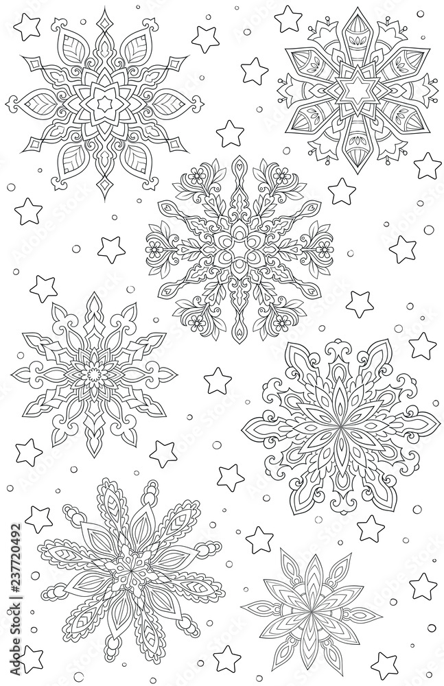 New year and Christmas theme. Black and white graphic doodle hand drawn sketch for adult coloring book. Ethnic pattern snowflakes New year and Christmas theme. Black and white graphic doodle hand drawn sketch for adult coloring book. Ethnic pattern snowflakes