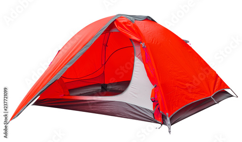 Red open tourist tent