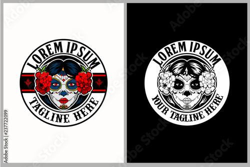 Calavera Catrina sugar skull female head stamp or round logo vector template