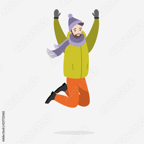 Happy man in winter clothes is jumping on a white background. Flat illustration for design.