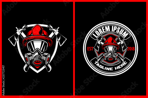 fire fighting gas mask with axe vector logo template collection