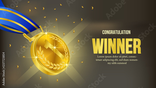 3D Shiny golden medal championship announcement for winner sport with confetti. vector illustration