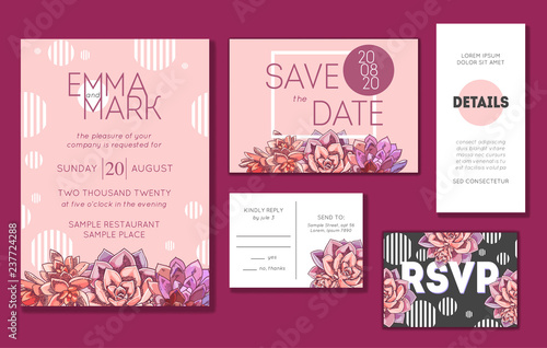 Floral wedding invitation set. Collection of different invite cards decorated with succulents. Save the date, rsvp vector cards. Botanical illustration.