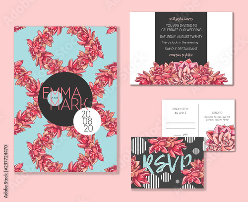 Floral wedding invitation set. Collection of different invite cards decorated with succulents. Save the date, rsvp vector cards. Botanical illustration.