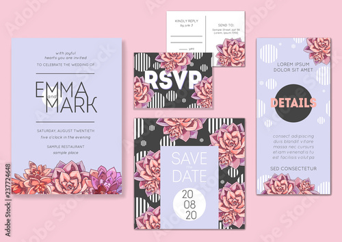 Floral wedding invitation set. Collection of different invite cards decorated with succulents. Save the date, rsvp vector cards. Botanical illustration.