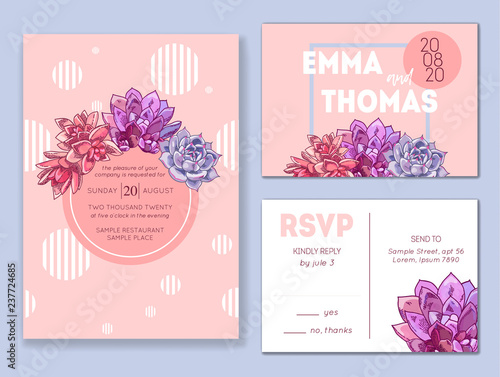 Floral wedding invitation set. Collection of different invite cards decorated with succulents. Save the date, rsvp vector cards. Botanical illustration.