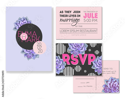 Floral wedding invitation set. Collection of different invite cards decorated with succulents. Save the date, rsvp vector cards. Botanical illustration.