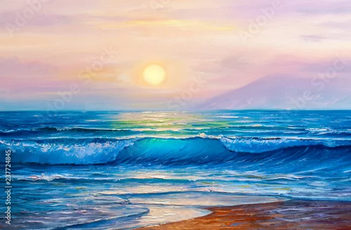 Obraz zachód słońca nad morzem, malarstwo olejne