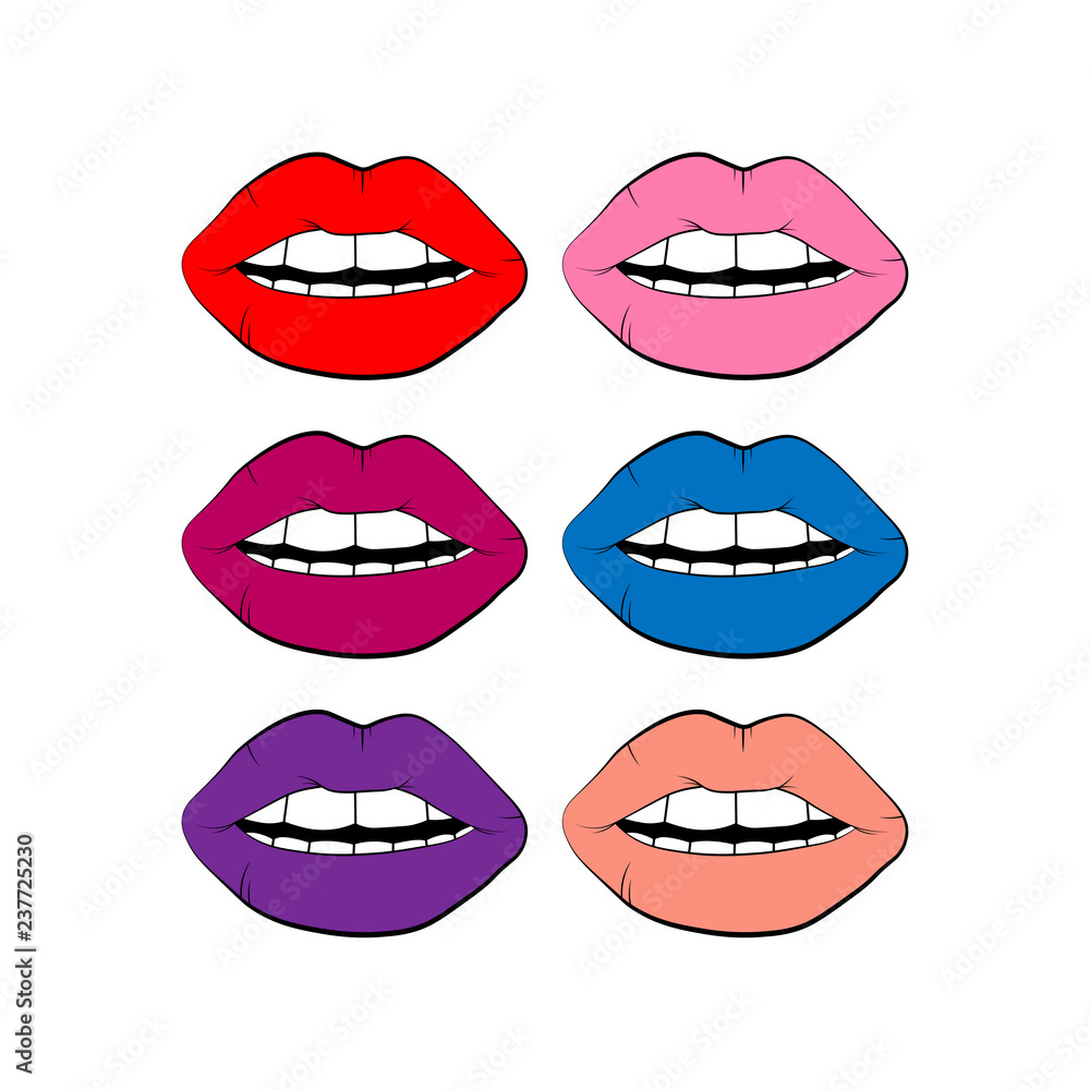 Obraz premium set of multicolored vector lip symbol isolated on white background. linear icon illustration. Woman's lips drawing