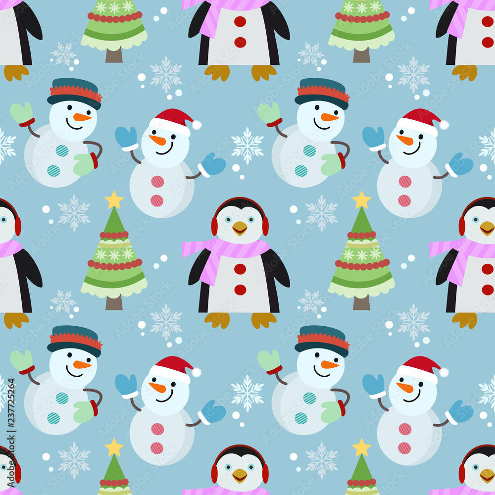 Penguin and snowman seamless pattern