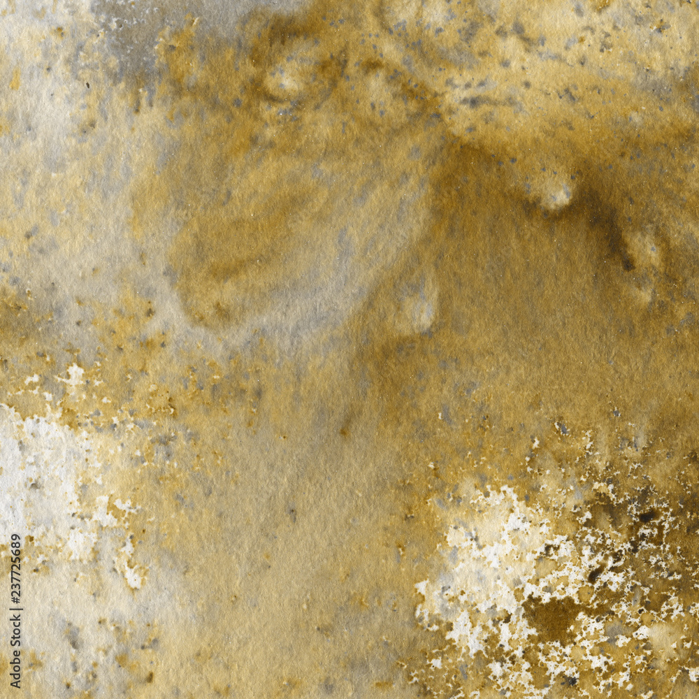 Yellow watercolor and ink paper textures on white background. Chaotic stylish abstract organic design.