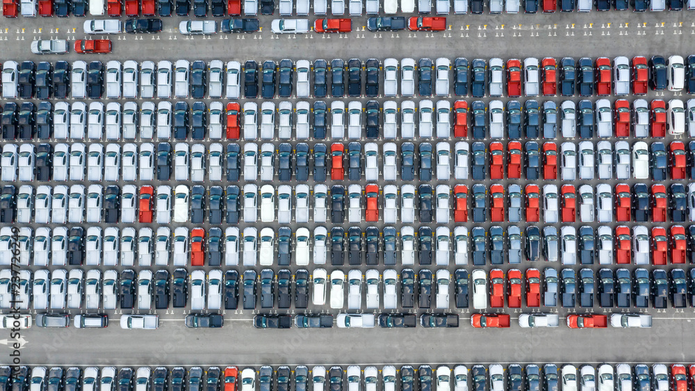 Cars export terminal in export and import business and logistics. Shipping cargo to harbor. Water transport International. Aerial view and top view. Cars export terminal in export and import business and logistics. Shipping cargo to harbor. Water transport International. Aerial view and top view.