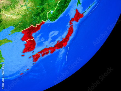 Japan and Korea on planet Earth with country borders and highly detailed planet surface.