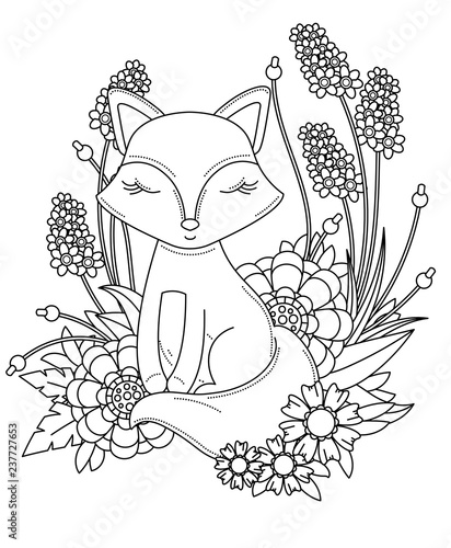 coloring book page for adult and kids. Cute little cartoon fox with abstract flowers and leaves
