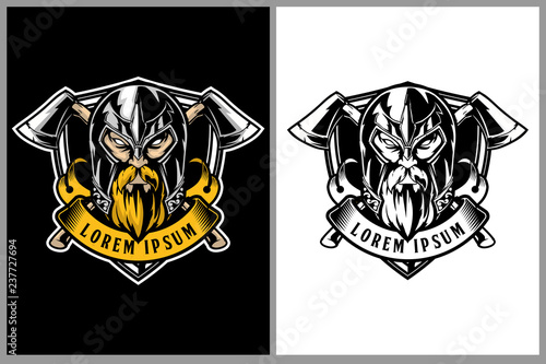 amazing warrior viking head with cross axe and shield vector badgeor crest logo template