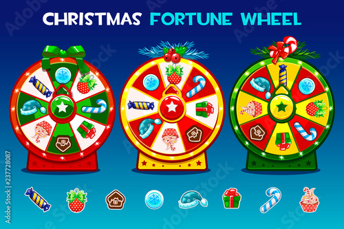 Cartoon Three christmas roulette options. Holiday icons, vector Game assets, GUI active, UI