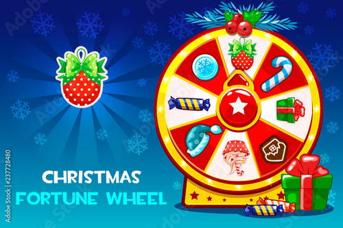 Cartoon Christmas lucky roulette, spinning fortune wheel. Vector holiday symbols icons. Game assets, GUI active, UI