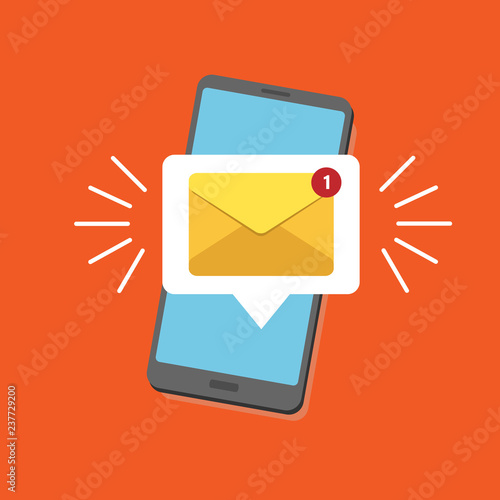 Unread email notification. New message on the smartphone screen. Vector illustration. Yellow email alert. Isolated on colorful background.