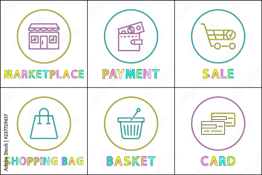 Online Shopping Buttons Round Linear Templates Set Online Shopping Buttons Round Linear Templates Set
