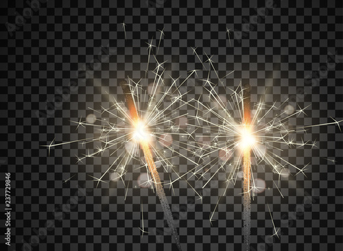 Sparkling bengal lights on transparent background for Christmas and New Year decoration.