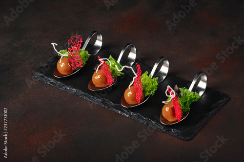 Fototapeta Naklejka Na Ścianę i Meble -  Molecular modern cuisine galantine duck in spoons on stone and rusty background