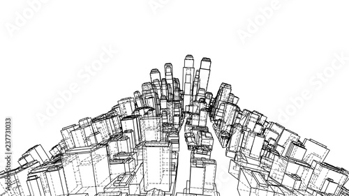 Wire-frame Twisted City  Blueprint Style. Vector