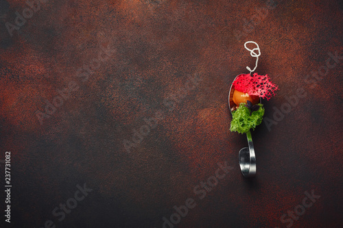 Fototapeta Naklejka Na Ścianę i Meble -  Molecular modern cuisine galantine duck in spoons on rusty background