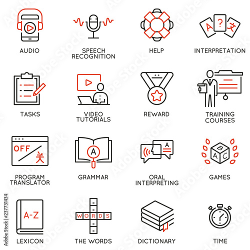 Vector set of linear icons related to language translation, studying and interpretation, translation service. Mono line pictograms and infographics design elements
