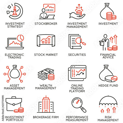 Vector set of linear icons related to trade service, investment strategy and management. Mono line pictograms and infographics design elements - part 1