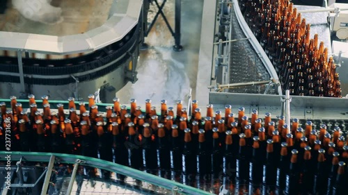 Bottles filled with beer on a conveyor, close up. photo