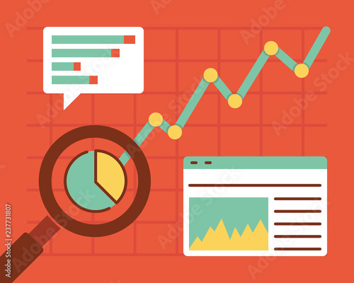 Flat vector illustration of stock market analytics data and information - Market review photo