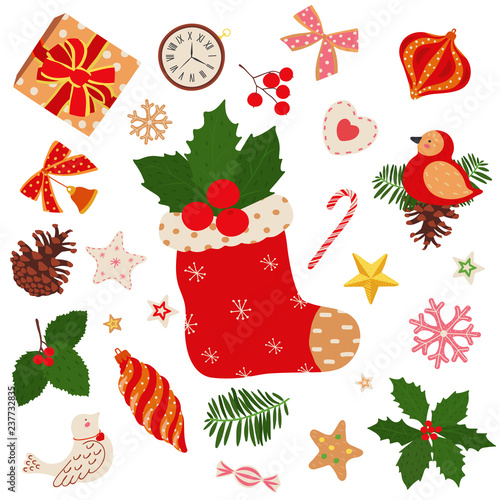 Merry Christmas set illustration scrap stickers for card. Christmas sock, mistletoe, gift, berry, Christmas tree toy